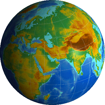 The earth with a world map-texture using etopo5. 3-D rendering by Shade.